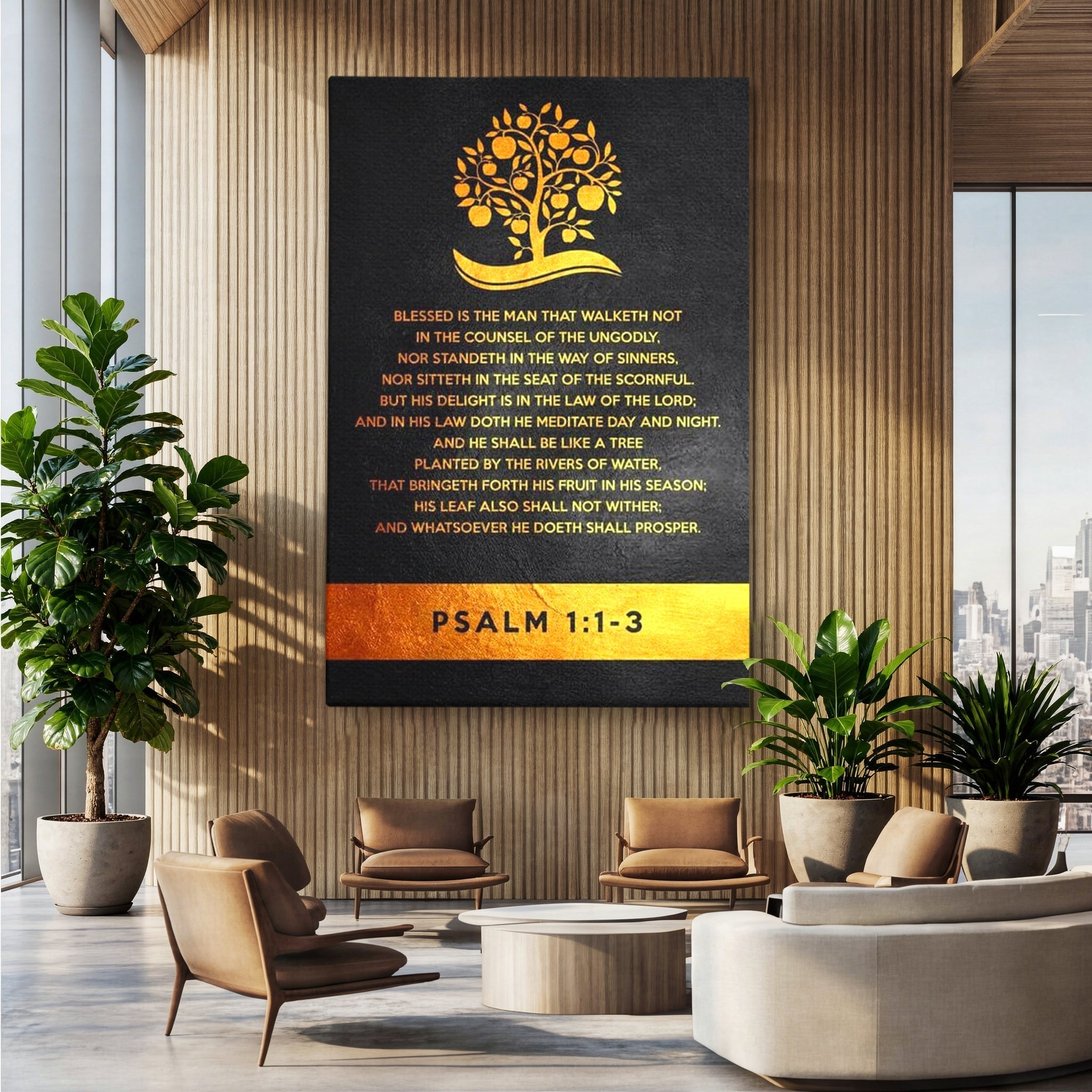 Tablou canvas cu tablou canvas cu citat biblic si copac, fara rama, pe sasiu de lemn, pe perete intr-un birou